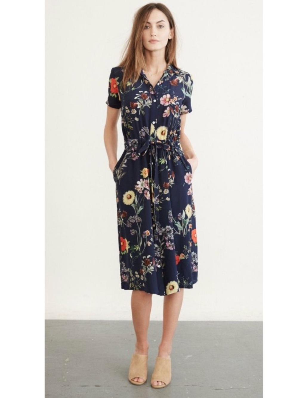 Anthropologie Amour Vert 100% Silk Floral Button-Up Shirt Dress Navy Small